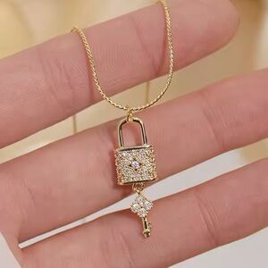 18K Gold Clover & Flower Diamond Lock & Key Luxury Inspired Design Necklace